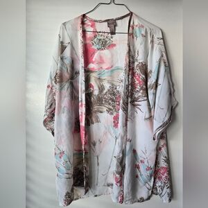 Chico's Floral Kimono Cardigan - Pink, Tan And White-Size 1 -Medium
